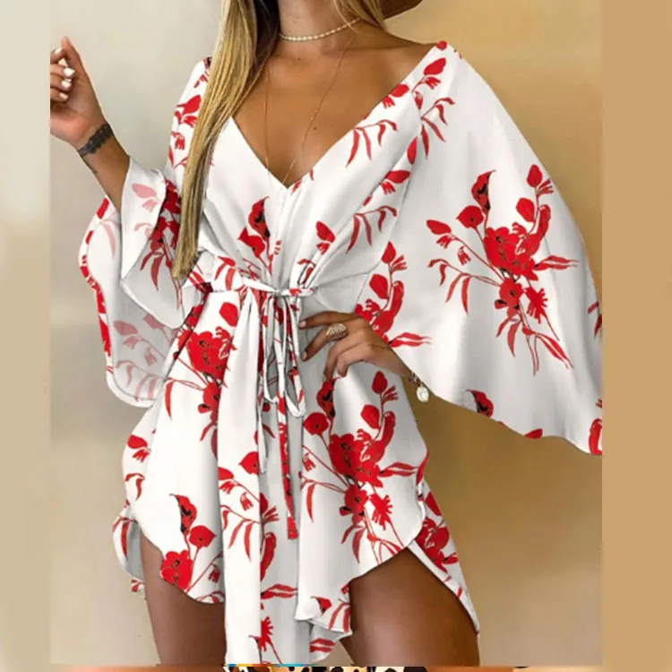 Vestido corto con estampado de flores para mujer, minivestido Sexy con cuello en V, manga de murciélago, volantes, holgado, para playa y vacaciones de verano - Image 12