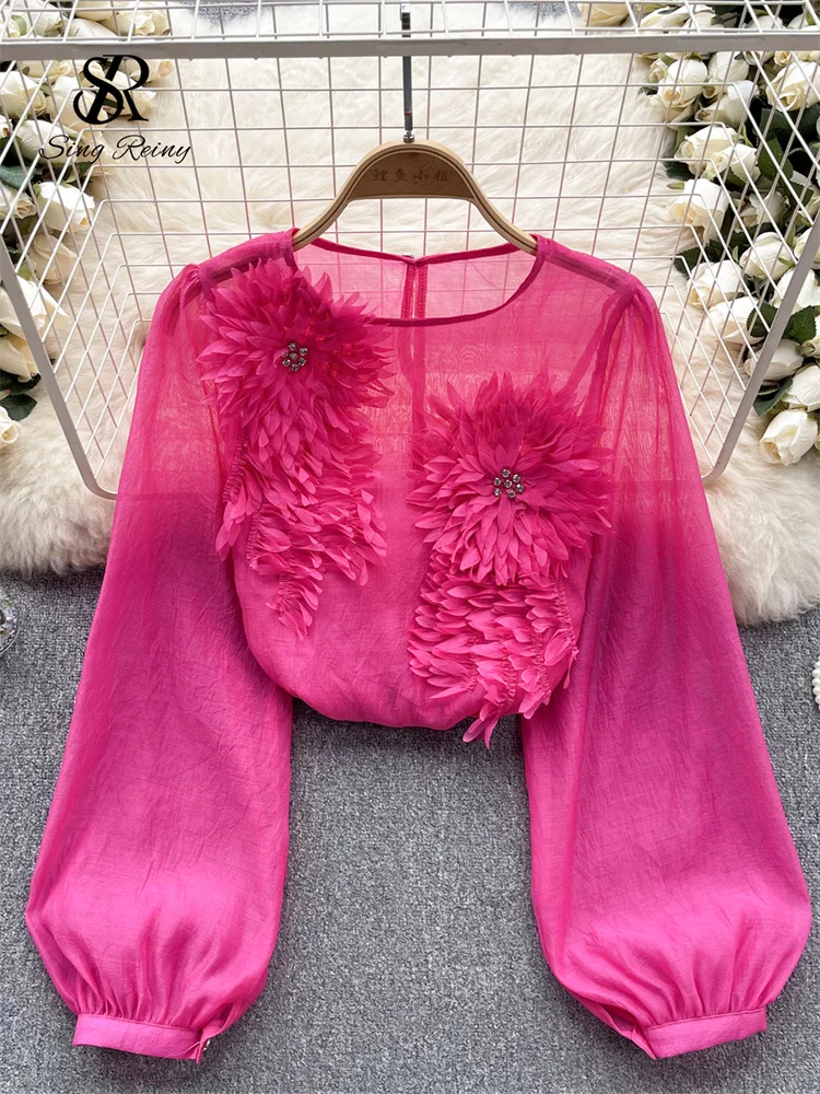 SINGREINY-Blusa holgada de satén para mujer, camisa informal de manga larga con cuello redondo y estampado Floral 3D transparente, Top bohemio, Primavera, 2024 - Image 3