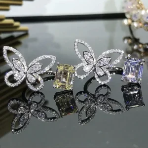 Anillo con forma de mariposa de circonita de cristal brillante para mujer, elegante Glamour, tamaño ajustable abierto, joyería, regalo de fiesta de vacaciones