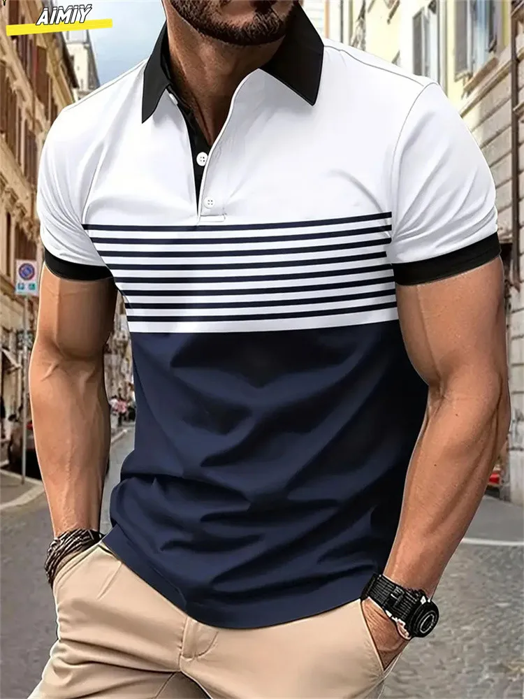 POLO de manga corta con estampado de rayas para hombre, polo de solapa informal, POLO deportivo informal, moda de verano, novedad