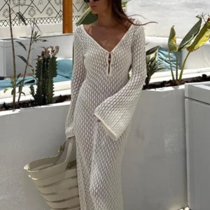 Vestido de punto de manga larga con cuello en V profundo transparente para mujer, ropa de playa ahuecada, vestido sin espalda, moda Bikin, blanco, Sexy