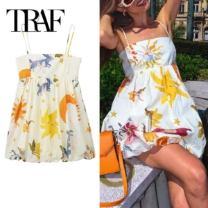 TRAF-Vestido corto sin mangas para mujer, minivestido fruncido con estampado, Espalda descubierta, Sexy, para vacaciones en la playa, verano, 2024