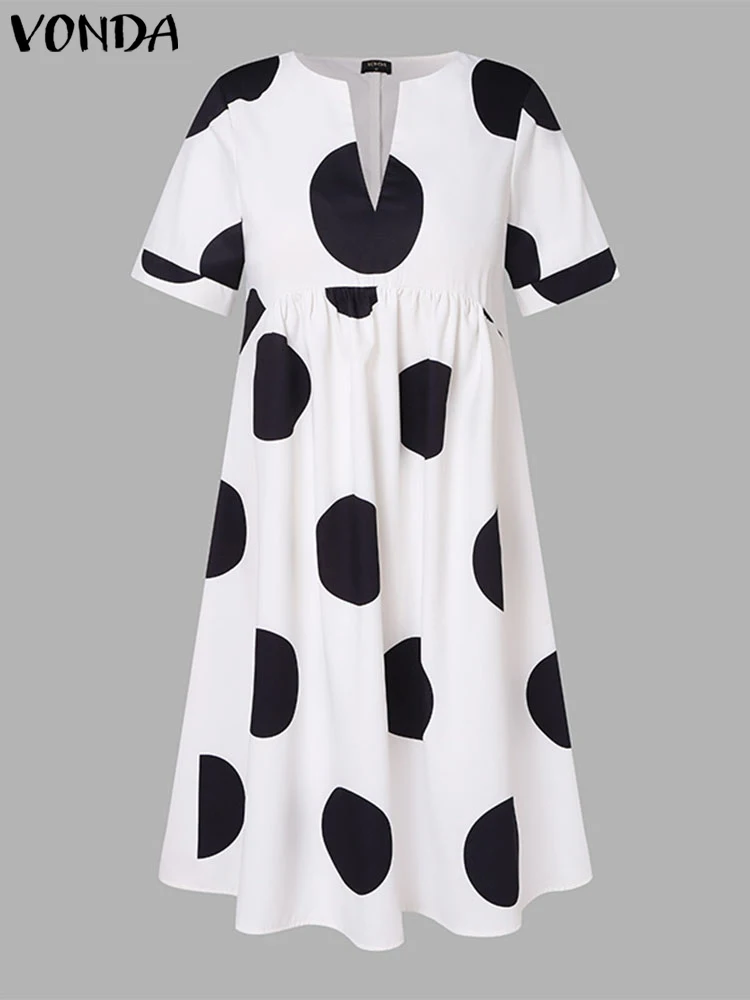 VONDA-vestido Midi bohemio de verano para mujer, traje holgado de manga corta con estampado de lunares y cuello de pico, talla grande, 2024 - Image 4