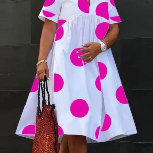 VONDA-vestido Midi bohemio de verano para mujer, traje holgado de manga corta con estampado de lunares y cuello de pico, talla grande, 2024