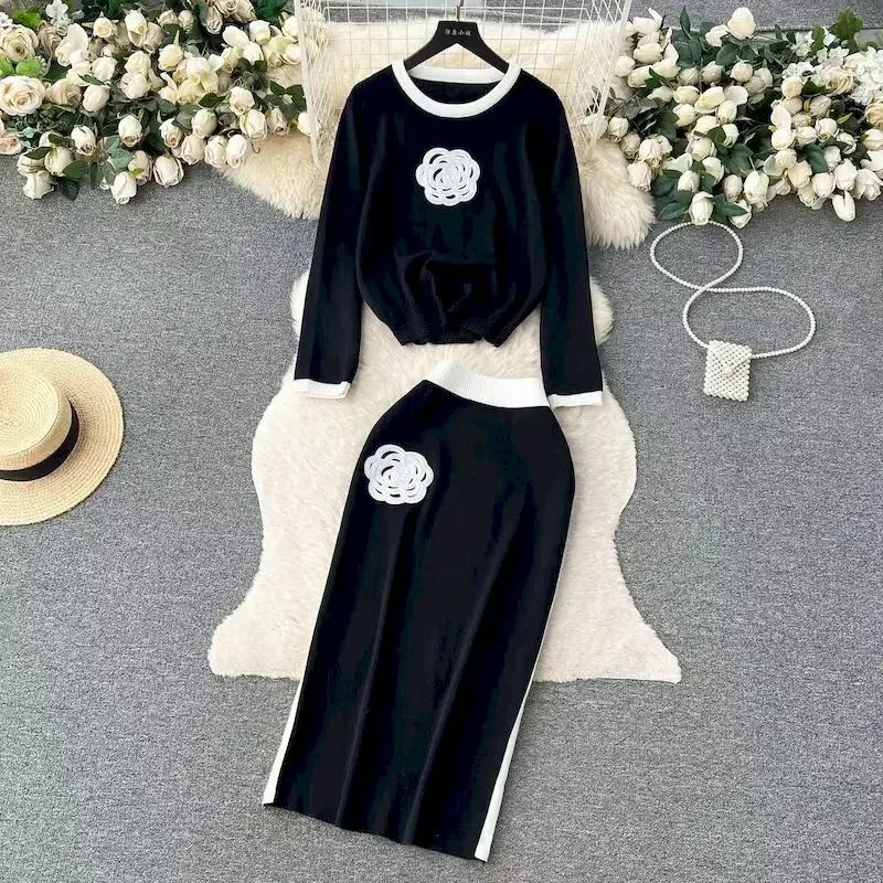 Conjuntos de faldas elegantes de 2 piezas para mujer, Top de punto de lana coreana y falda de cintura alta, conjunto de dos piezas para mujer, primavera y otoño 2024 - Image 2