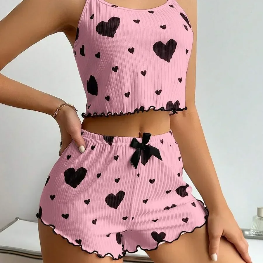 Ropa de dormir de verano para mujer, conjunto de pijama de ajuste relajado con estampado de corazón, Top corto sin espalda con cuello redondo y pantalones cortos, ropa de descanso - Image 8