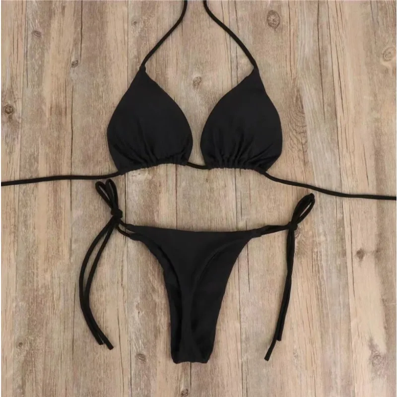 Bikini Sexy de tres puntos para mujer, traje de baño de color sólido con espalda descubierta y cordones ajustables, ropa de playa, novedad de 2024 - Image 3