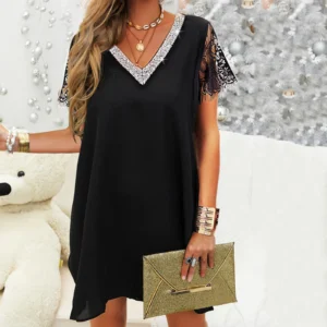 Vestidos de fiesta elegantes 2024 mujeres Costura de malla brillante glamuroso negro cuello en V Mini vestido de manga corta Vestidos de malla En Oferta