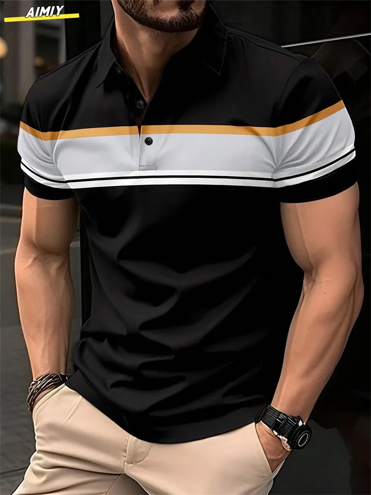 POLO de manga corta con estampado de rayas para hombre, polo de solapa informal, POLO deportivo informal, moda de verano, novedad - Image 13