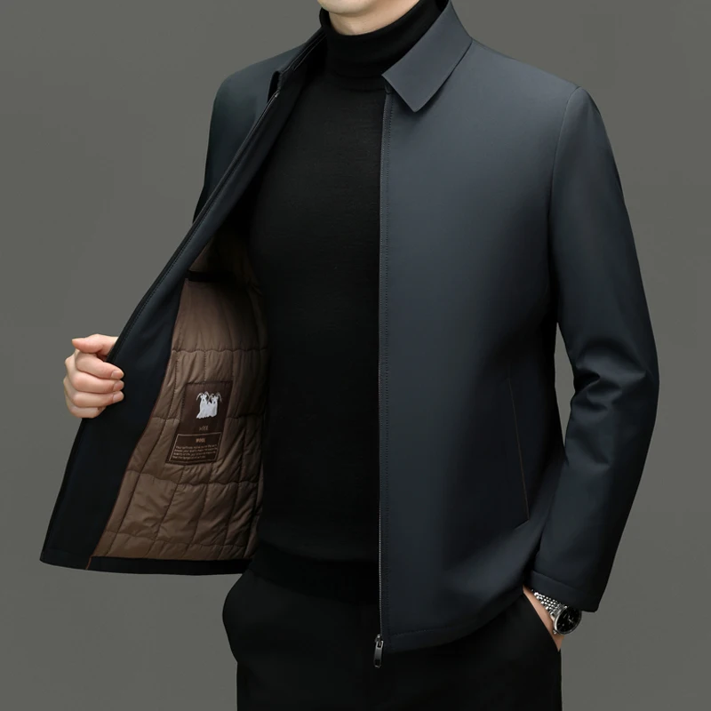 Abrigo térmico grueso para hombre, chaqueta ejecutiva clásica de estilo chino con cuello vuelto, color azul marino, invierno, 2024 - Image 4