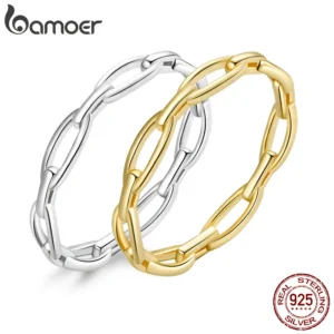 BAMOER-Anillo de Plata de Ley 925 con cadena geométrica para mujer, sortija de diseño Simple, estilo bohemio, joyería llamativa, regalo de fiesta, BSR211