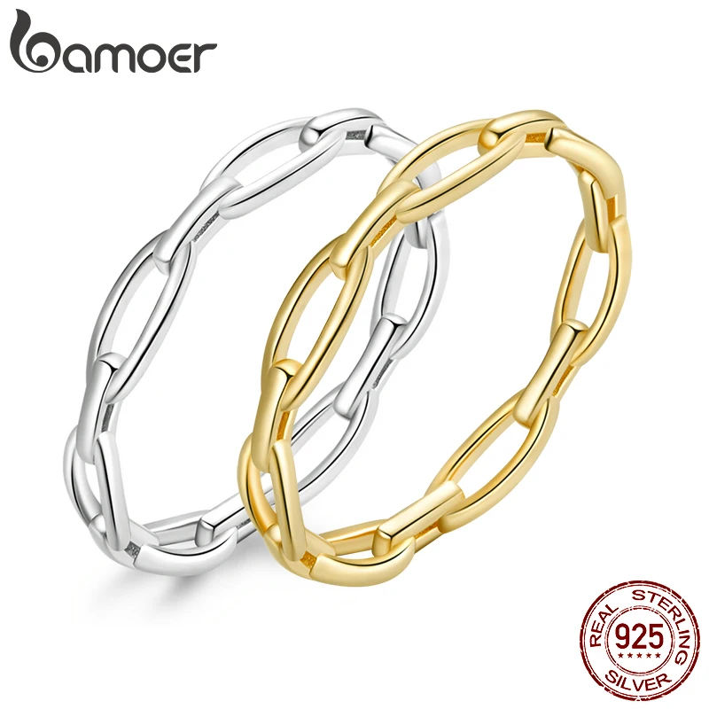 BAMOER-Anillo de Plata de Ley 925 con cadena geométrica para mujer, sortija de diseño Simple, estilo bohemio, joyería llamativa, regalo de fiesta, BSR211