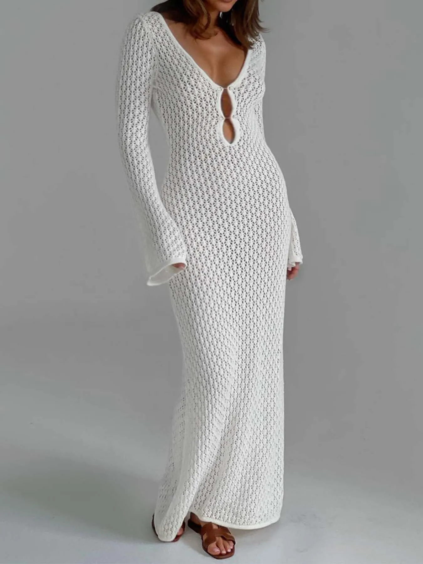 Vestido de punto de manga larga con cuello en V profundo transparente para mujer, ropa de playa ahuecada, vestido sin espalda, moda Bikin, blanco, Sexy - Image 7