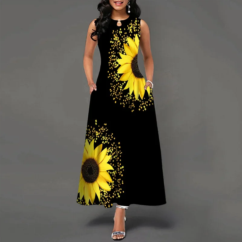 Vestido largo informal sin mangas con estampado de flores para mujer, vestido con cuello en V, vestidos Retro bohemios oscilantes, nuevo - Image 7