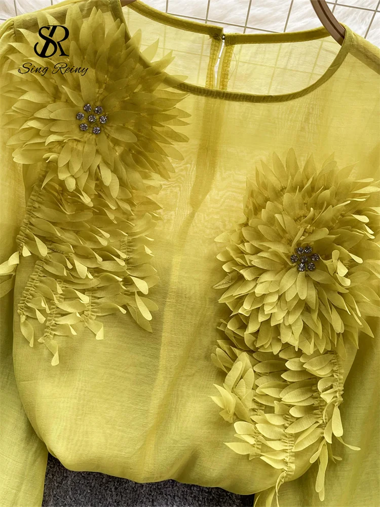 SINGREINY-Blusa holgada de satén para mujer, camisa informal de manga larga con cuello redondo y estampado Floral 3D transparente, Top bohemio, Primavera, 2024 - Image 6