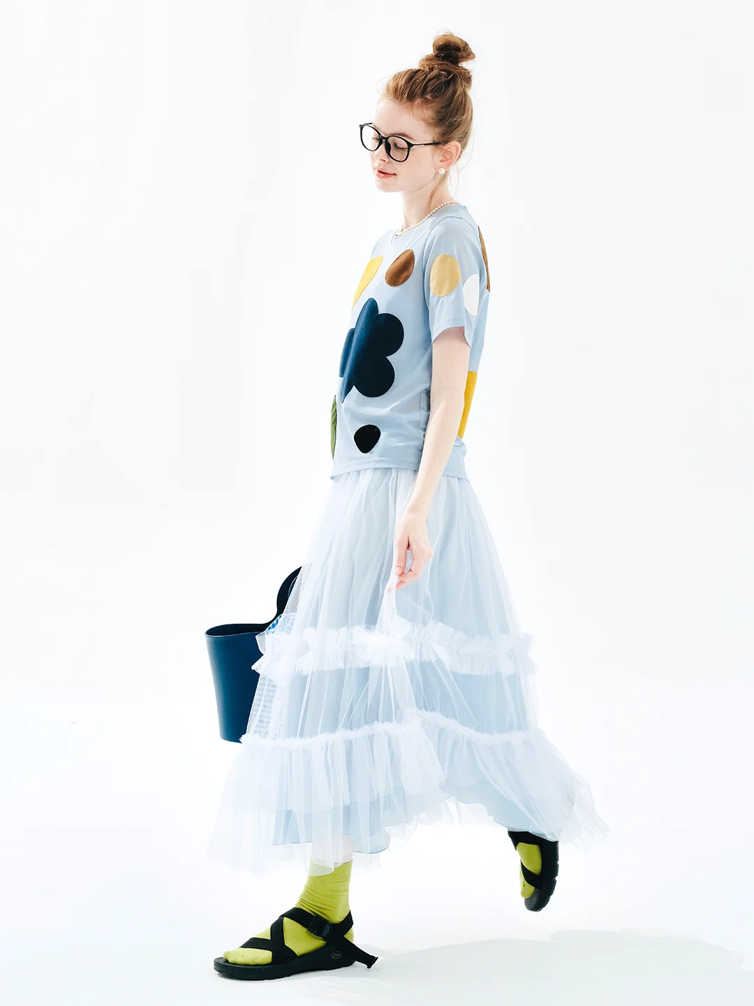 IMAKOKONI-falda de retales de encaje para mujer, falda con cintura elástica, malla azul, diseño original, 244724 - Image 4