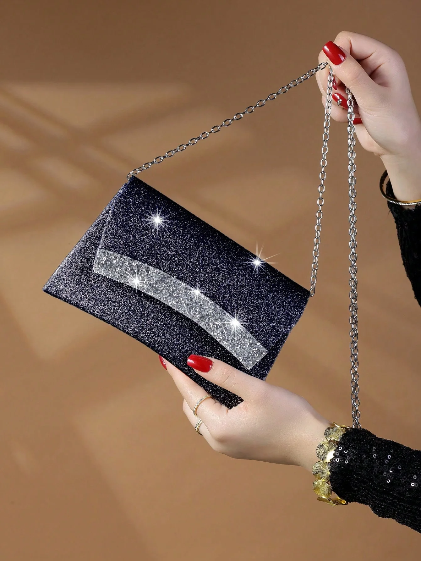 Bolso de mano metálico decorado con diamantes de imitación, bolso de noche brillante y glamuroso, elegante, adecuado para mujer, 1 unidad - Image 3