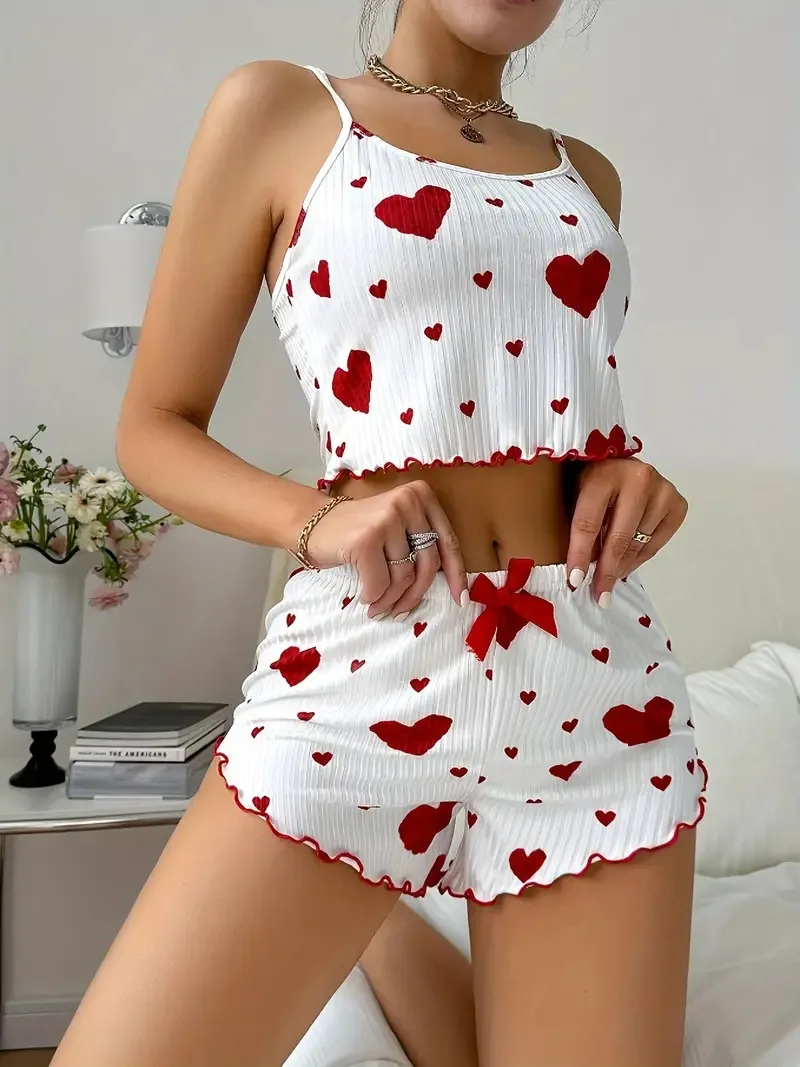 Ropa de dormir de verano para mujer, conjunto de pijama de ajuste relajado con estampado de corazón, Top corto sin espalda con cuello redondo y pantalones cortos, ropa de descanso - Image 5