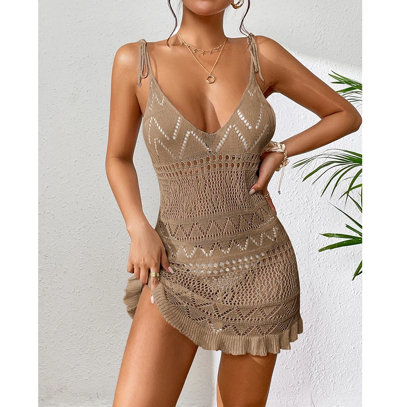 Vestido con cuello Halter para mujer, ropa de verano, Color sólido, sin mangas, tejido, sin espalda, elegante, para playa - Image 8