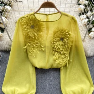 SINGREINY-Blusa holgada de satén para mujer, camisa informal de manga larga con cuello redondo y estampado Floral 3D transparente, Top bohemio, Primavera, 2024