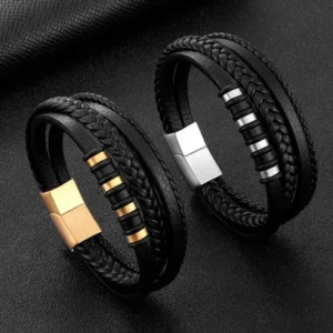 Pulsera de cuero trenzado negro multicapa de moda clásica adecuada para joyería de fiesta de muñeca para hombres