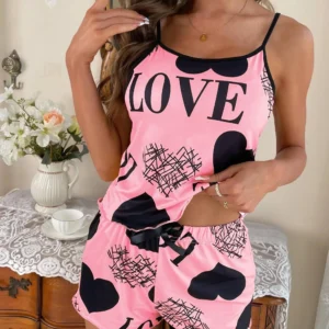 Ropa de dormir con estampado de corazón para mujer, camisola y pantalones cortos, ropa de dormir nocturna, conjunto de 2 piezas, Top cómodo con pantalones cortos