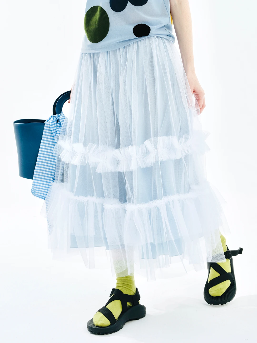 IMAKOKONI-falda de retales de encaje para mujer, falda con cintura elástica, malla azul, diseño original, 244724 - Image 5