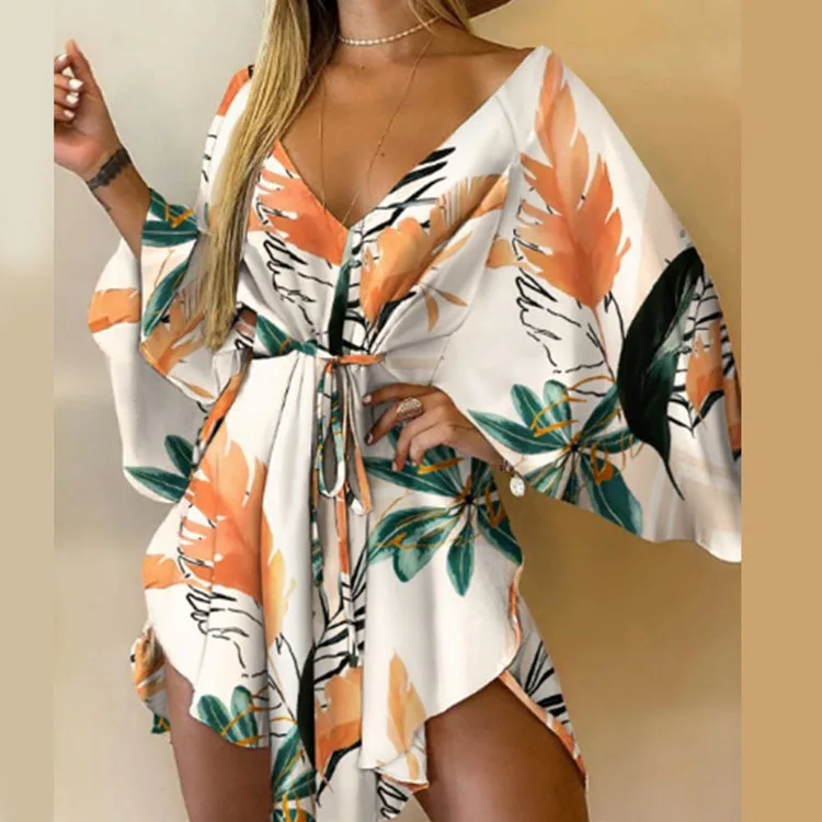 Vestido corto con estampado de flores para mujer, minivestido Sexy con cuello en V, manga de murciélago, volantes, holgado, para playa y vacaciones de verano - Image 8