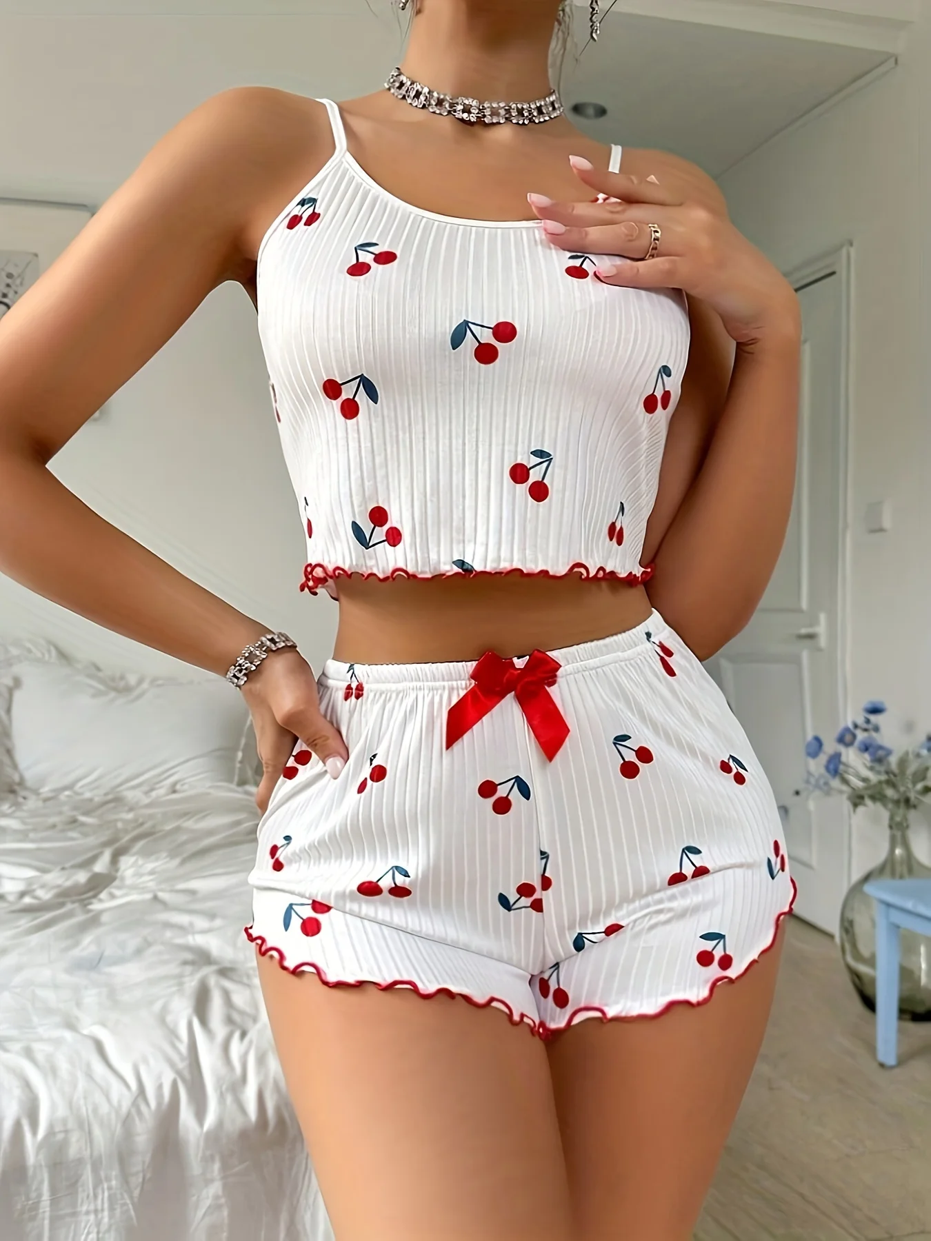 Ropa de dormir de verano para mujer, conjunto de pijama de ajuste relajado con estampado de corazón, Top corto sin espalda con cuello redondo y pantalones cortos, ropa de descanso - Image 13