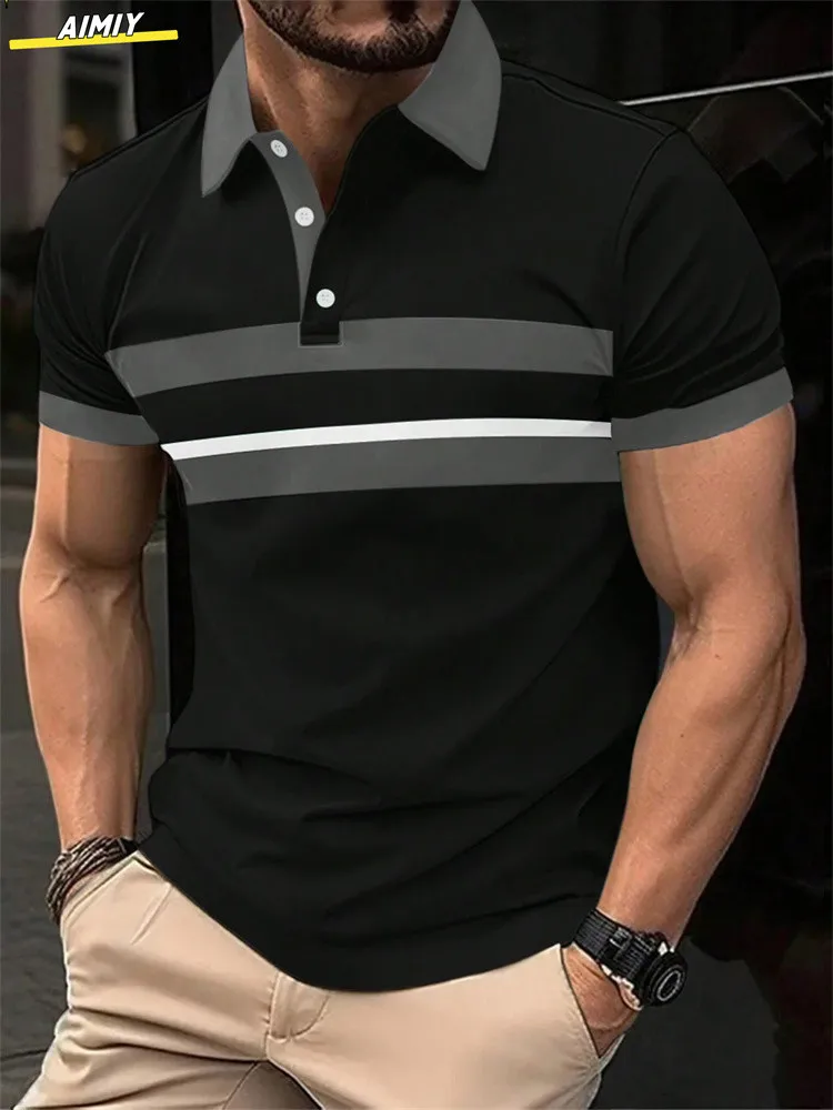 POLO de manga corta con estampado de rayas para hombre, polo de solapa informal, POLO deportivo informal, moda de verano, novedad - Image 22
