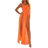 Vestido playero de malla transparente para mujer, traje Sexy de cuello redondo, sin mangas, abertura alta - Naranja, XXXL