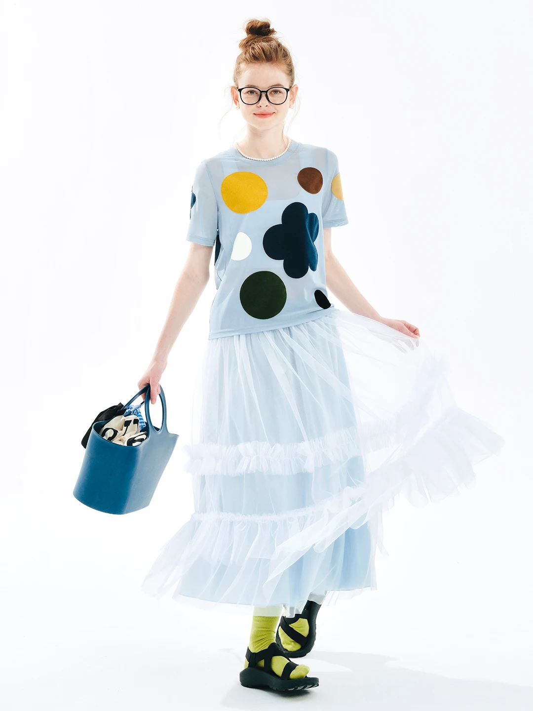 IMAKOKONI-falda de retales de encaje para mujer, falda con cintura elástica, malla azul, diseño original, 244724 - Image 3