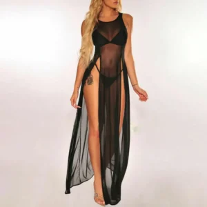 Vestido playero de malla transparente para mujer, traje Sexy de cuello redondo, sin mangas, abertura alta